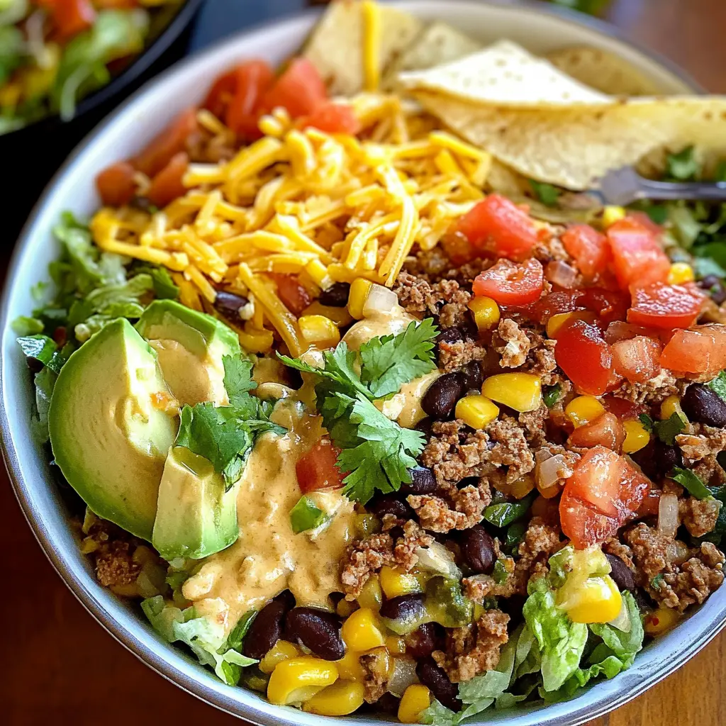 Spice up dinner with these Easy Taco Salad Bowls that are perfect for busy weeknights! Made with fresh ingredients like crisp lettuce, savory ground beef, and zesty toppings, this dish brings the flavors of your favorite tacos into a fun, healthy bowl. Save this recipe for your next family gathering or casual get-together!