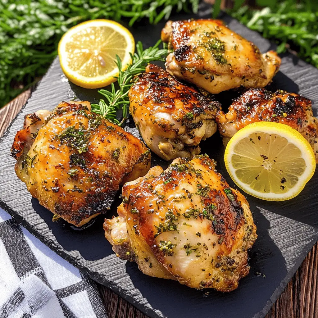 Juicy lemon-herb grilled chicken thighs will become your new favorite dish! Bursting with vibrant flavors from fresh herbs and zesty lemon, this easy recipe is perfect for summer barbecues or family dinners. Save this pin for a deliciously satisfying meal that everyone will love!