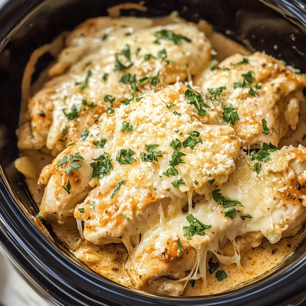 Looking for an easy and delicious dinner idea? This 4 Ingredient Crockpot Garlic Parm Chicken is the perfect answer! With tender chicken coated in garlic and Parmesan, it's a flavor-packed dish that's so simple to prepare. Great for busy weeknights or meal prepping! Save this pin to enjoy a hassle-free meal later!