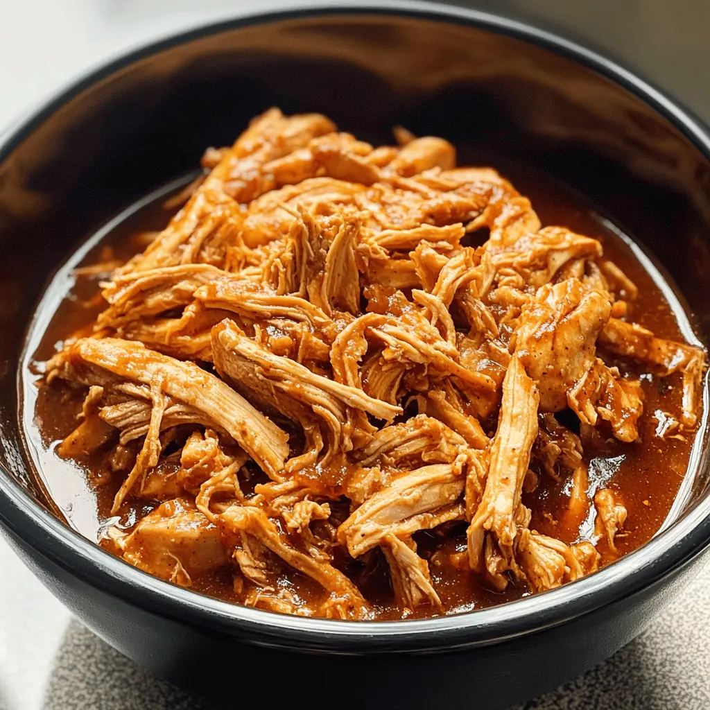 This Crockpot BBQ Pulled Chicken is an easy weeknight dinner that's packed with flavor! Tender chicken simmers in a delicious BBQ sauce until it's juicy and ready to be shredded. Perfect for sandwiches, tacos, or served over rice. Save this recipe for your next family meal or game day gathering!