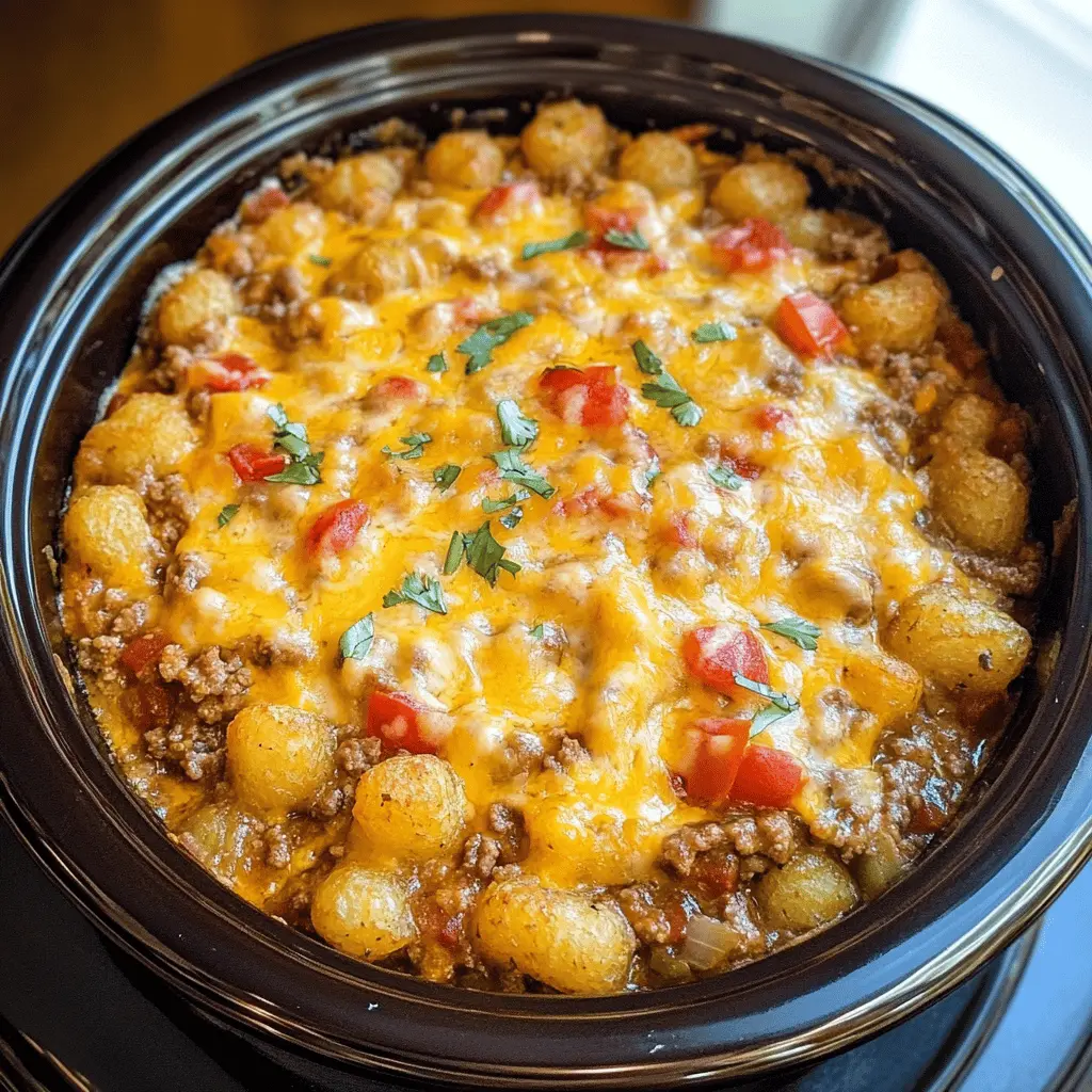 Looking for a cozy meal with a twist? This Crockpot Tex Mex Tater Tot Casserole combines seasoned ground beef, zesty black beans, and gooey cheese topped with crispy tater tots. It's the perfect easy dinner for busy nights or feeding a crowd! Save this recipe for your next family gathering or movie night – everyone will love it!