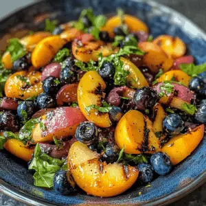 Enjoy a burst of summer flavors in this Grilled Peach Blueberry Salad! Juicy peaches and sweet blueberries come together with fresh greens, creating a vibrant dish. Perfect for picnics, barbecues, or a light lunch, this salad is a must-try. Save it now to impress your friends and family with this easy-to-make recipe!