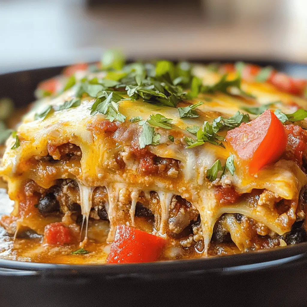 Layered with bold flavors, this Mexican Lasagna combines zesty ground beef, black beans, and creamy cheese, all nestled between soft tortillas. Perfect for a family dinner or a fiesta with friends. Save this recipe now to bring a taste of Mexico to your table any night of the week!