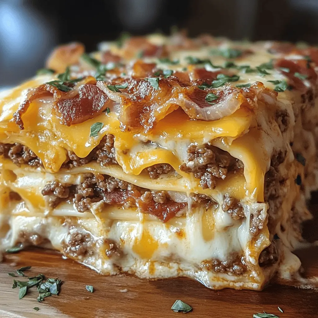 Looking for a hearty twist on classic lasagna? This Parmesan Garlic Bacon Cheeseburger Lasagna layers savory ground beef, crispy bacon, and rich cheeses for a truly unique dish. Perfect for family dinners or gatherings, it’s sure to impress! Save this easy recipe for your next cooking adventure and bring a delicious surprise to the table!
