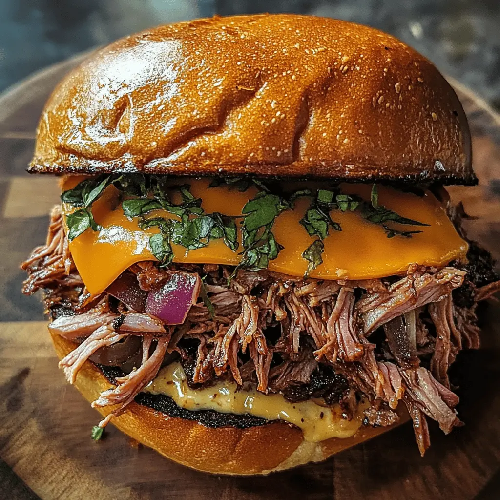 This Pulled Beef Sandwich is a game-changer for your next gathering! Packed with tender, flavorful beef simmered to perfection, it's layered on a soft bun. Perfect for BBQs, family dinners, or game day! Save this recipe to whip up a hearty meal that everyone will love. Ideal for making ahead to enjoy later too!