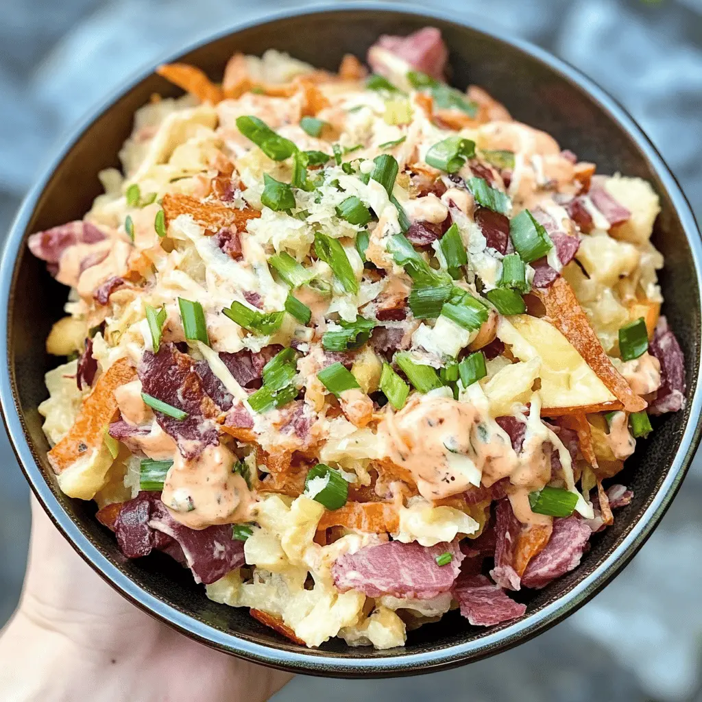 Craving a hearty twist on the classic Reuben sandwich? This Reuben in a Bowl recipe brings all the comforting flavors without the bread! Packed with tender corned beef, tangy sauerkraut, and creamy dressing, it's perfect for a quick weeknight dinner. Save this dish for your meal plan and enjoy a delightful taste of tradition any night of the week!