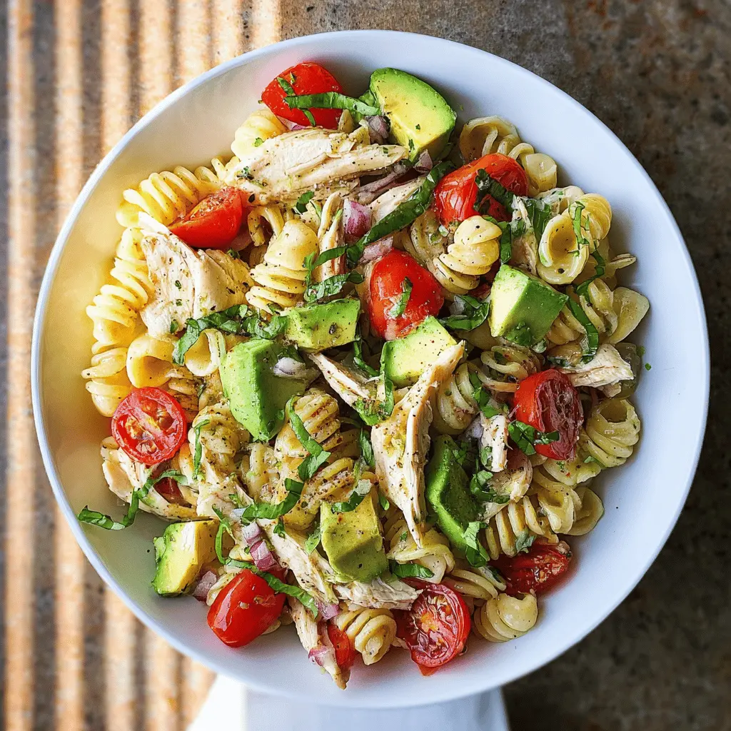 Healthy Chicken Pasta Salad with Avocado and Tomato