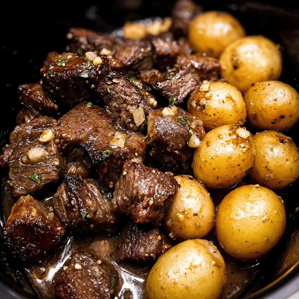 Slow Cooker Garlic Butter Beef Bites with Potatoes