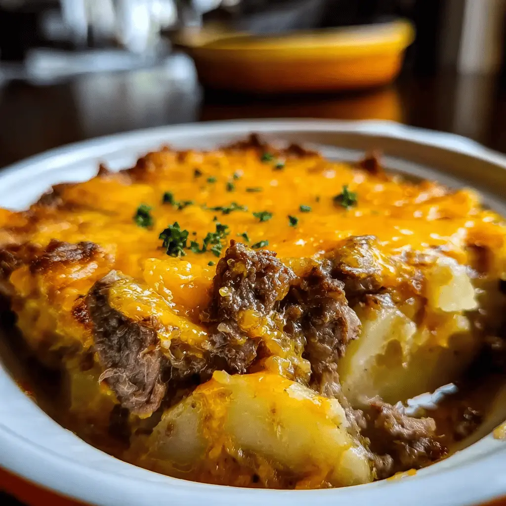 Easy Slow Cooker Steak and Cheddar Potato Casserole