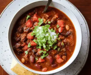 Delicious homemade 3-Bean Chili in a bowl with toppings, featuring kidney beans, black beans, and pinto beans, served with fresh herbs and cornbread on the side.