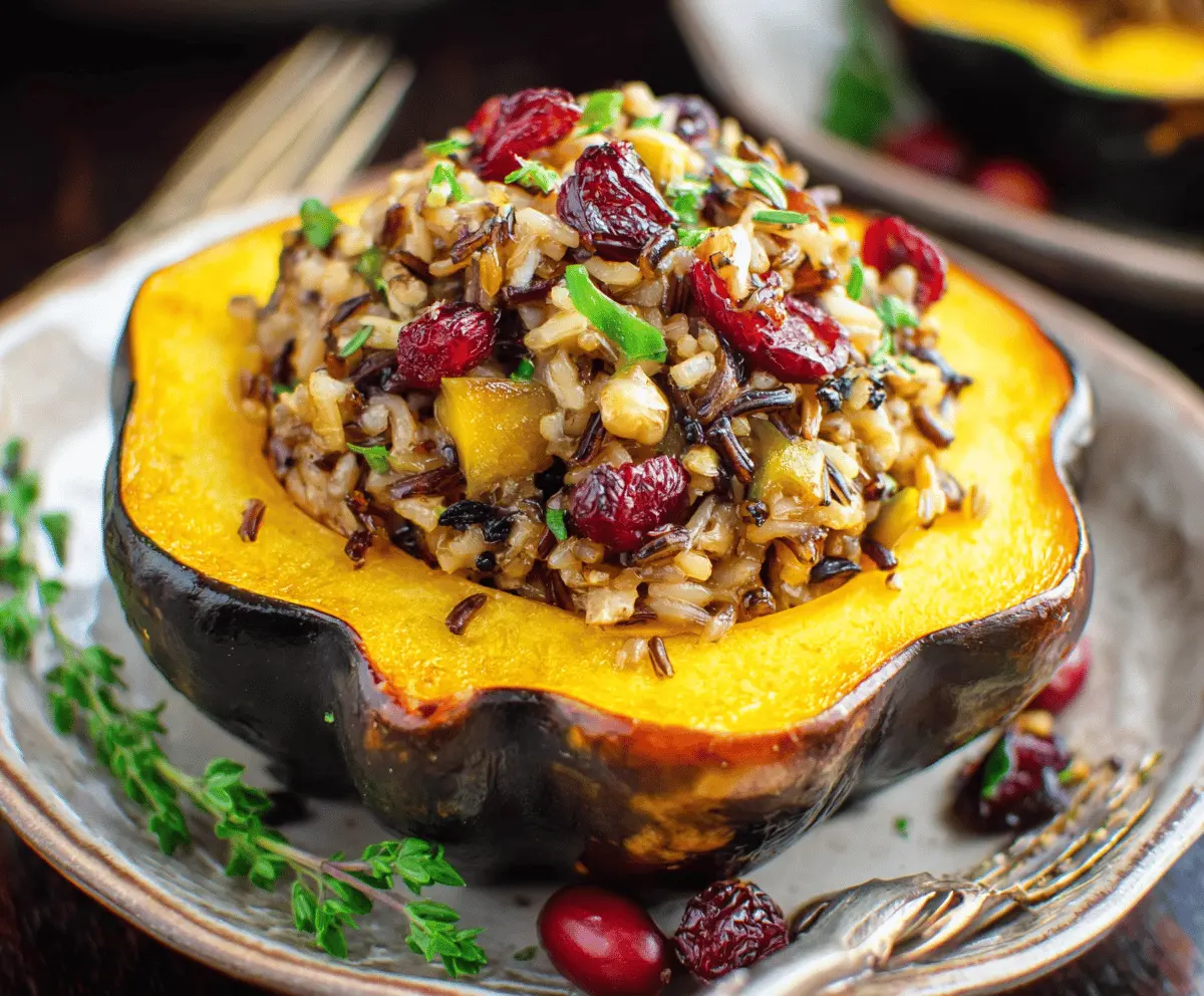 Stuffed acorn squash filled with wild rice, cranberries, and herbs, showcasing a delicious and festive autumn-inspired dish.