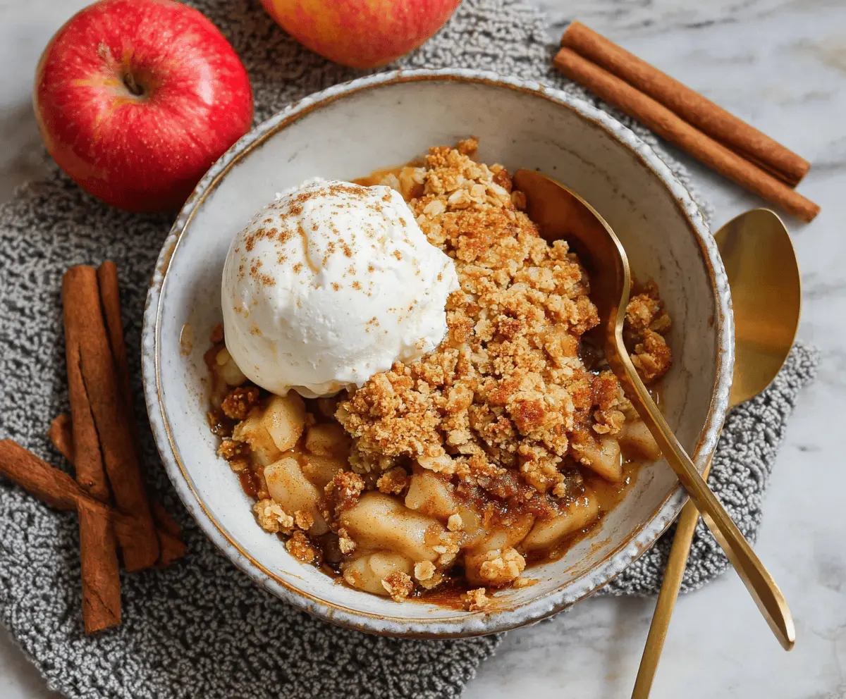 Delicious homemade air fryer apple crisp topped with golden brown oats and cinnamon served in a ramekin