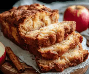 Delicious homemade apple bread with a golden crust and sliced apples, perfect for breakfast or snack