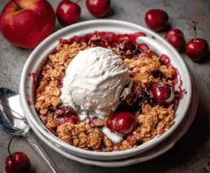 Delicious homemade apple cherry crisp topped with golden brown streusel crumble, served in a rustic bowl, perfect for a cozy dessert