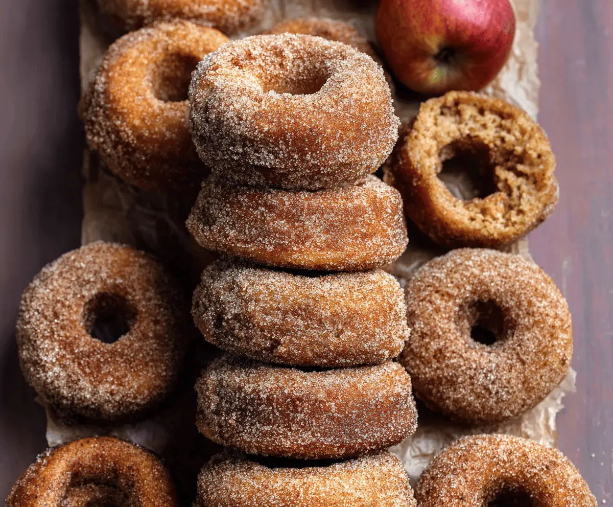 Freshly baked apple cider donuts with a golden-brown exterior, topped with a light dusting of cinnamon sugar, perfect for fall treats.