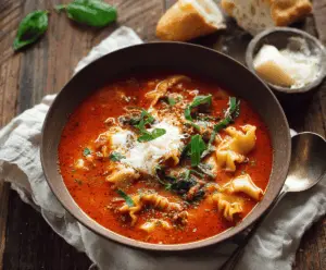 Spicy Arrabbiata Lasagna Soup with melted cheese, fresh basil, and savory tomato broth in a bowl