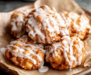 Golden baked apple fritters drizzled with sweet glaze, served on a plate, perfect for a delicious dessert or breakfast treat.