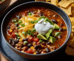 Hearty black bean taco soup in a bowl garnished with fresh cilantro and diced tomatoes, served with tortilla chips on the side.