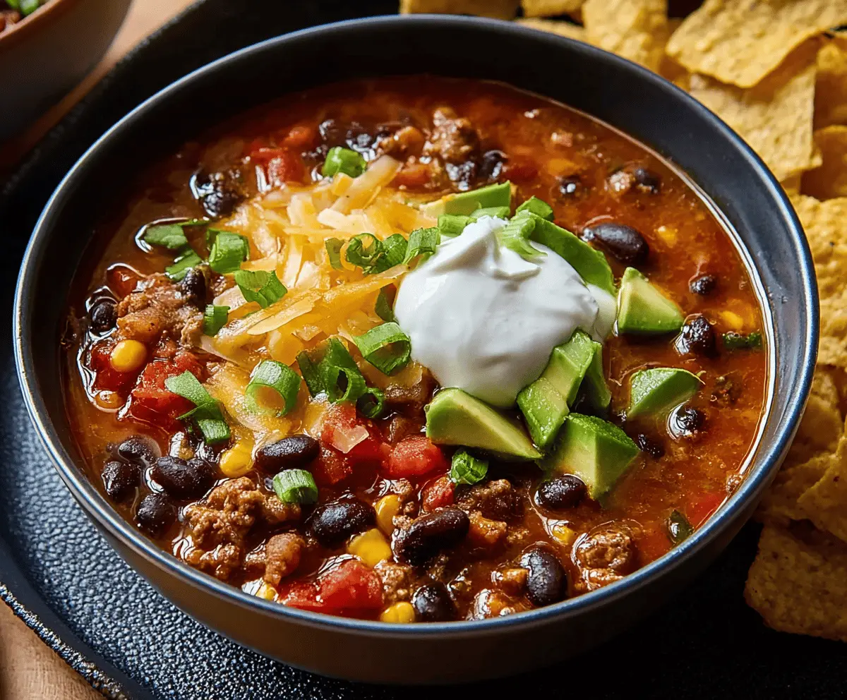 Hearty black bean taco soup in a bowl garnished with fresh cilantro and diced tomatoes, served with tortilla chips on the side.
