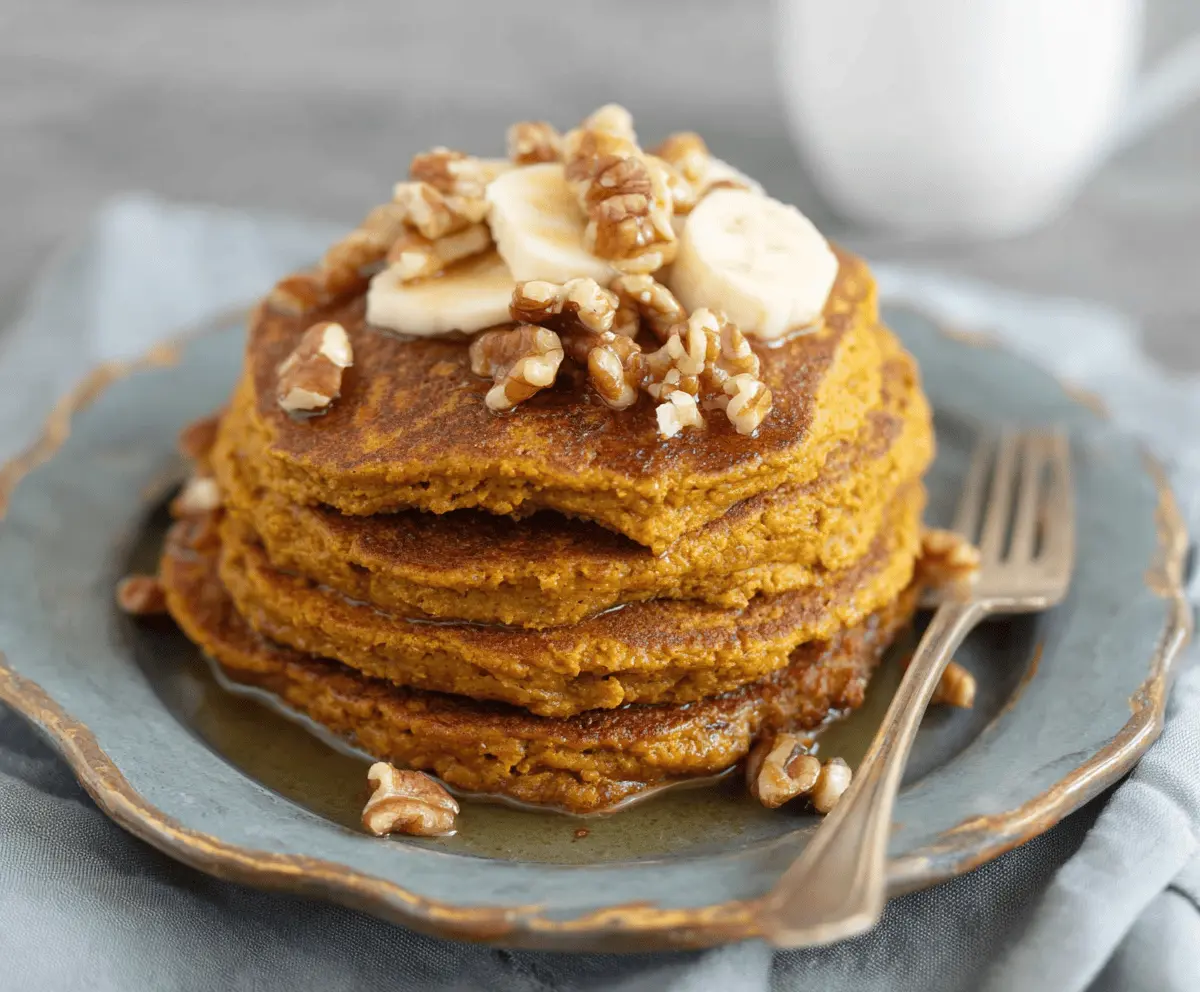 Delicious blender pumpkin oatmeal pancakes topped with fresh fruit and maple syrup on a plate.