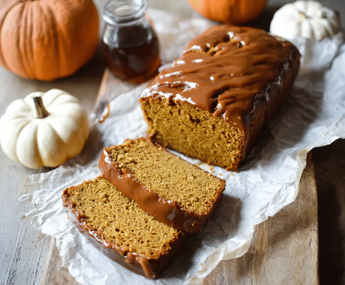 Delicious slice of homemade Brown Butter Maple-Glazed Pumpkin Bread topped with a drizzle of glaze and cinnamon, served on a rustic plate