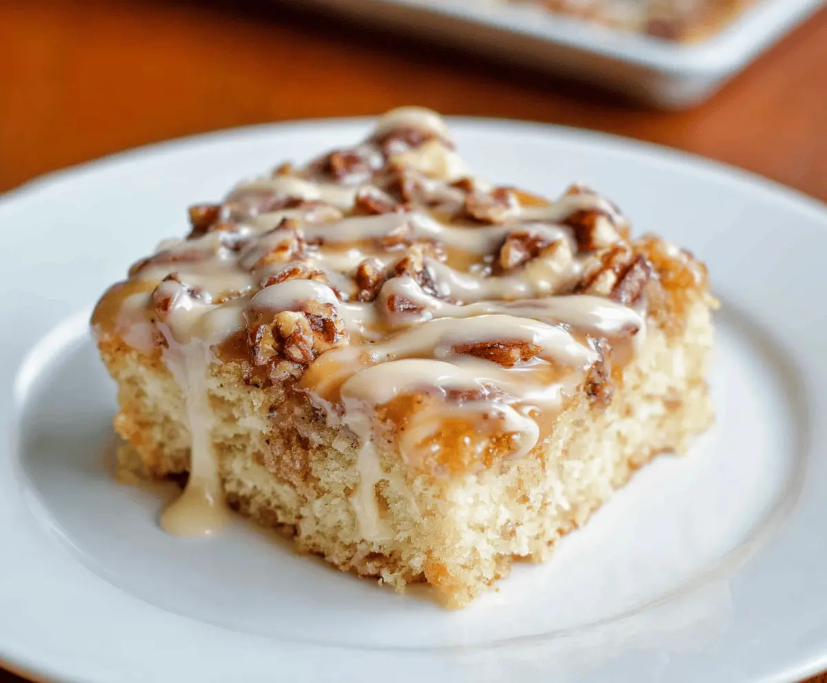 Delicious Butter Pecan Praline Poke Cake topped with whipped cream and toasted pecans, showcasing a rich, caramel, and nutty dessert.