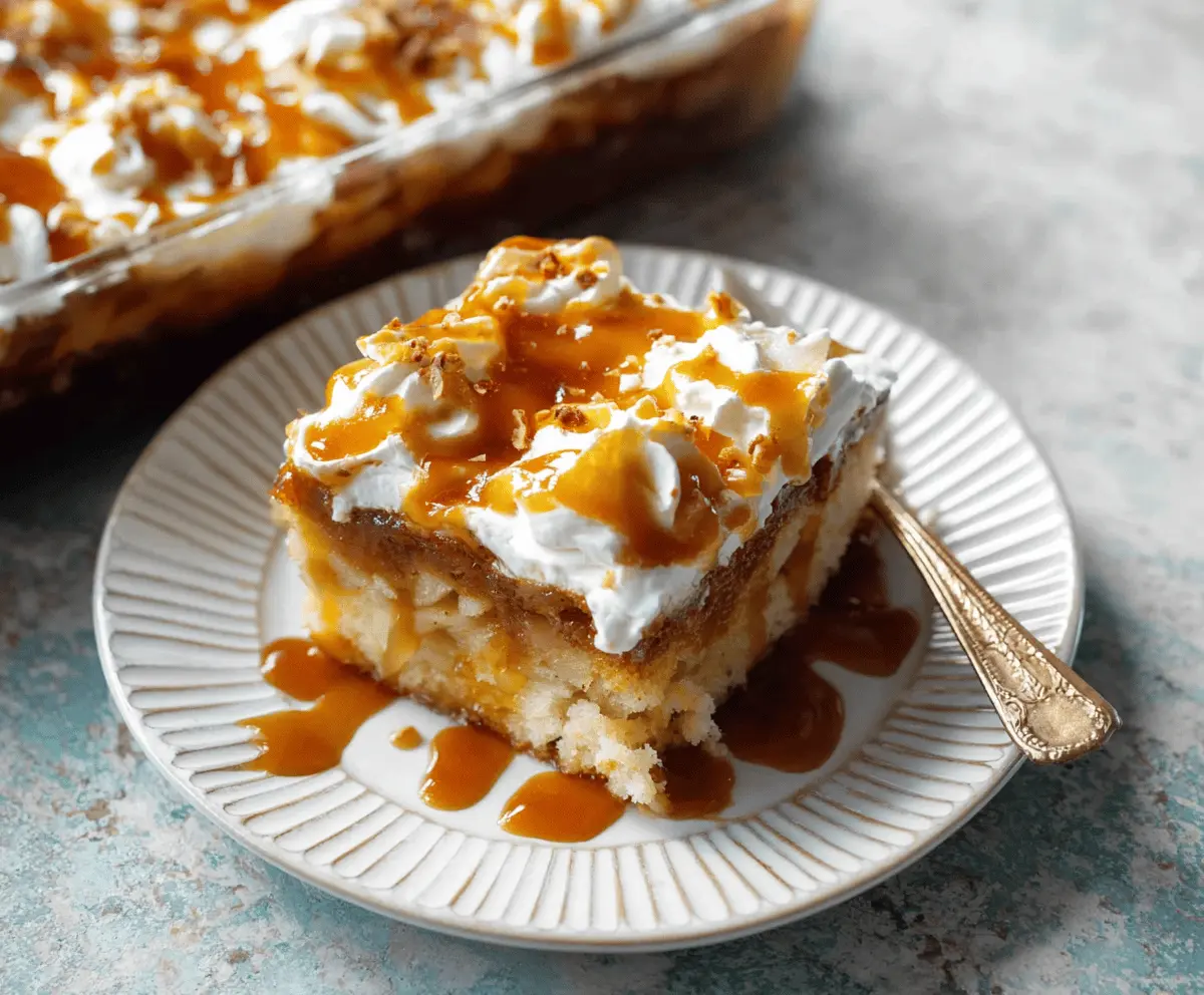 Delicious Caramel Apple Poke Cake topped with caramel drizzle and apple slices, perfect for fall dessert cravings
