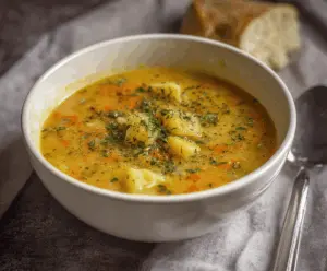 Creamy carrot and potato soup garnished with fresh herbs in a bowl, perfect for a warm and healthy meal.