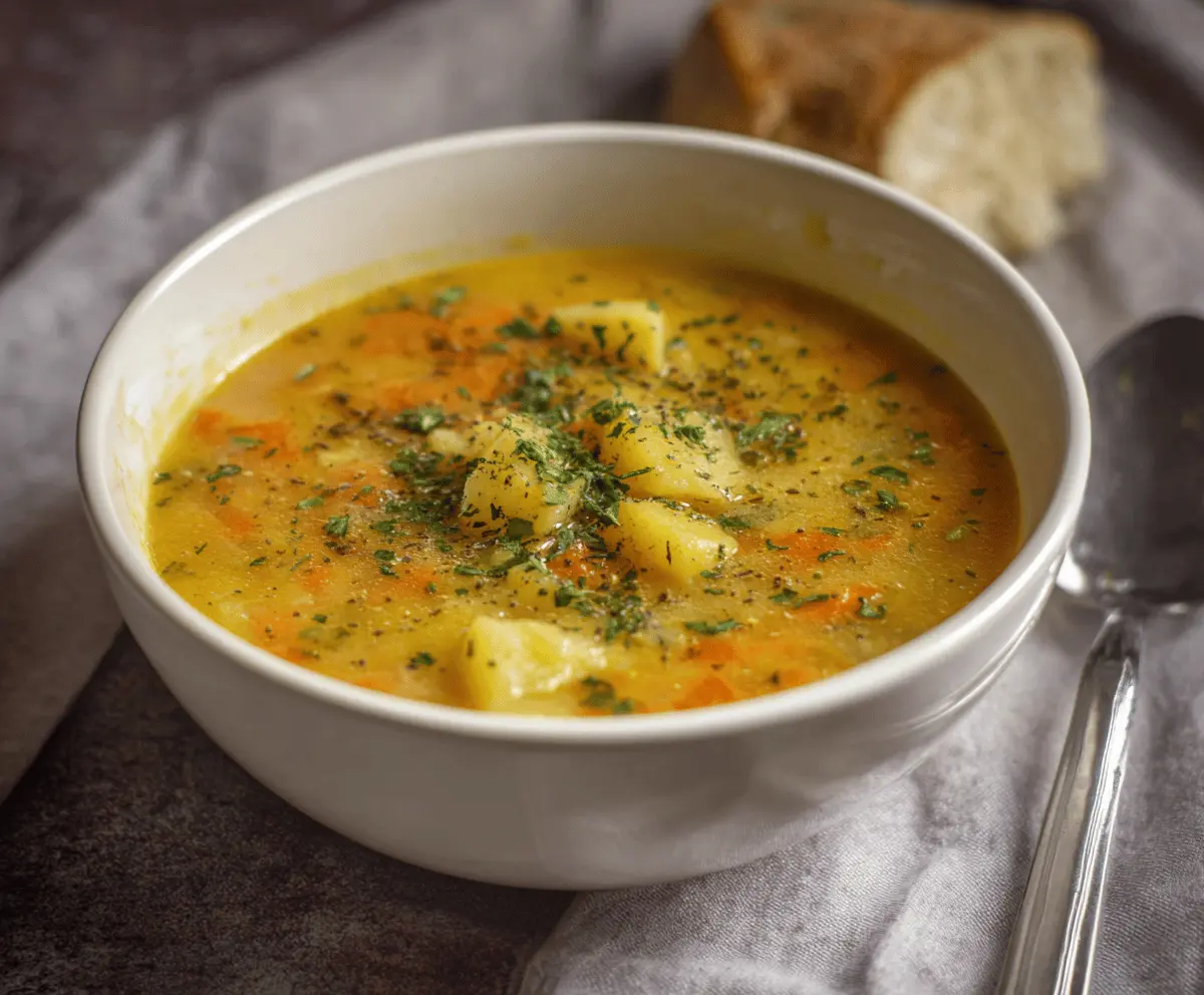 Creamy carrot and potato soup garnished with fresh herbs in a bowl, perfect for a warm and healthy meal.