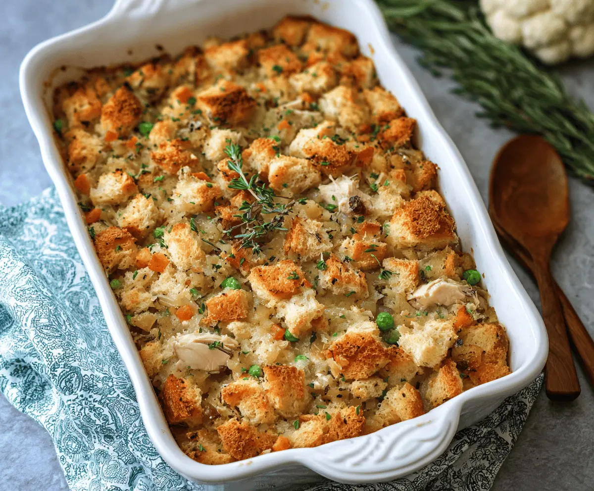 Delicious Chicken and Stuffing Casserole topped with golden-brown crust, served hot on a white plate