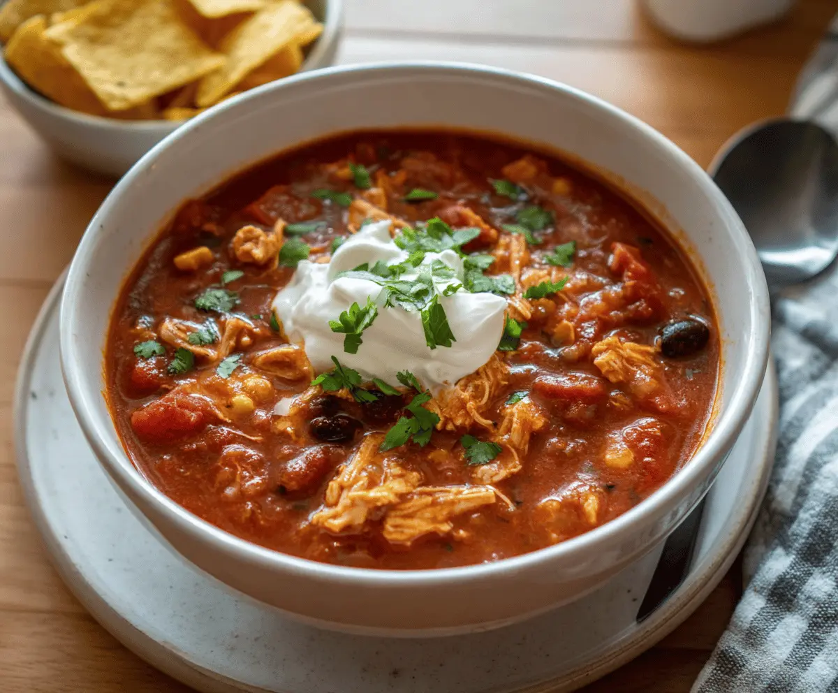 Delicious homemade chicken chili topped with shredded cheese and fresh cilantro in a bowl, ready to serve