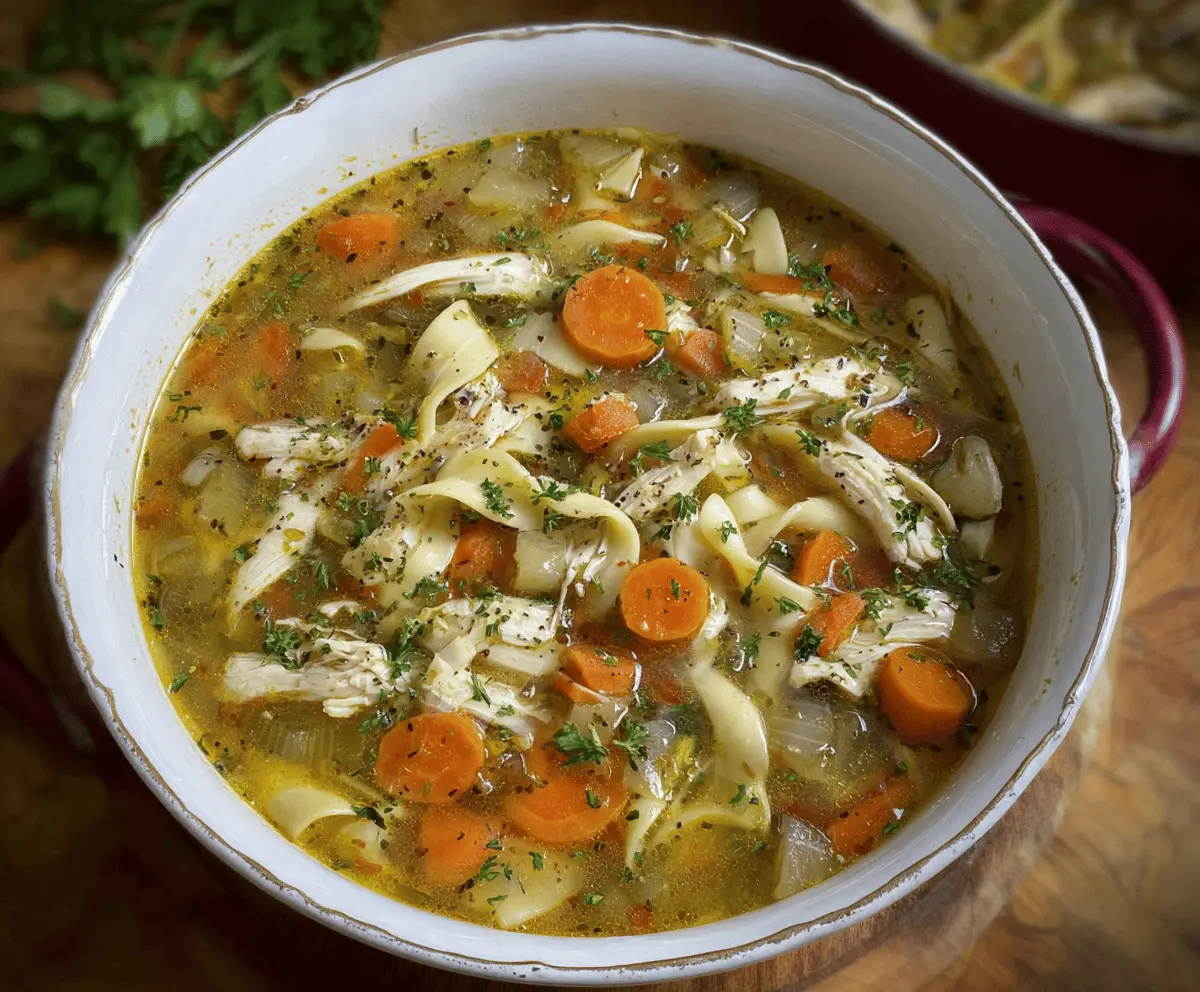 Hearty chicken noodle soup with fresh vegetables in a bowl, perfect for a comforting meal