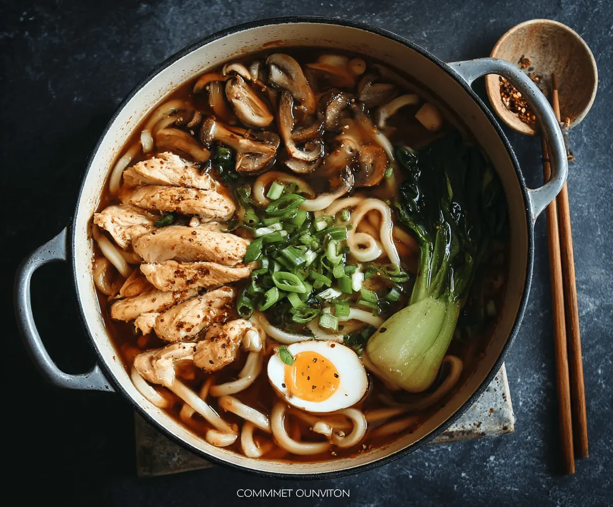 A steaming bowl of chicken udon noodle soup garnished with green onions and fresh herbs, featuring tender chicken slices, thick udon noodles, and flavorful broth.