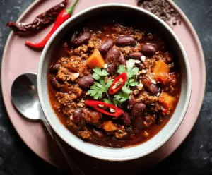 Delicious chocolate chili in a bowl topped with shredded cheese and fresh herbs, ready to serve
