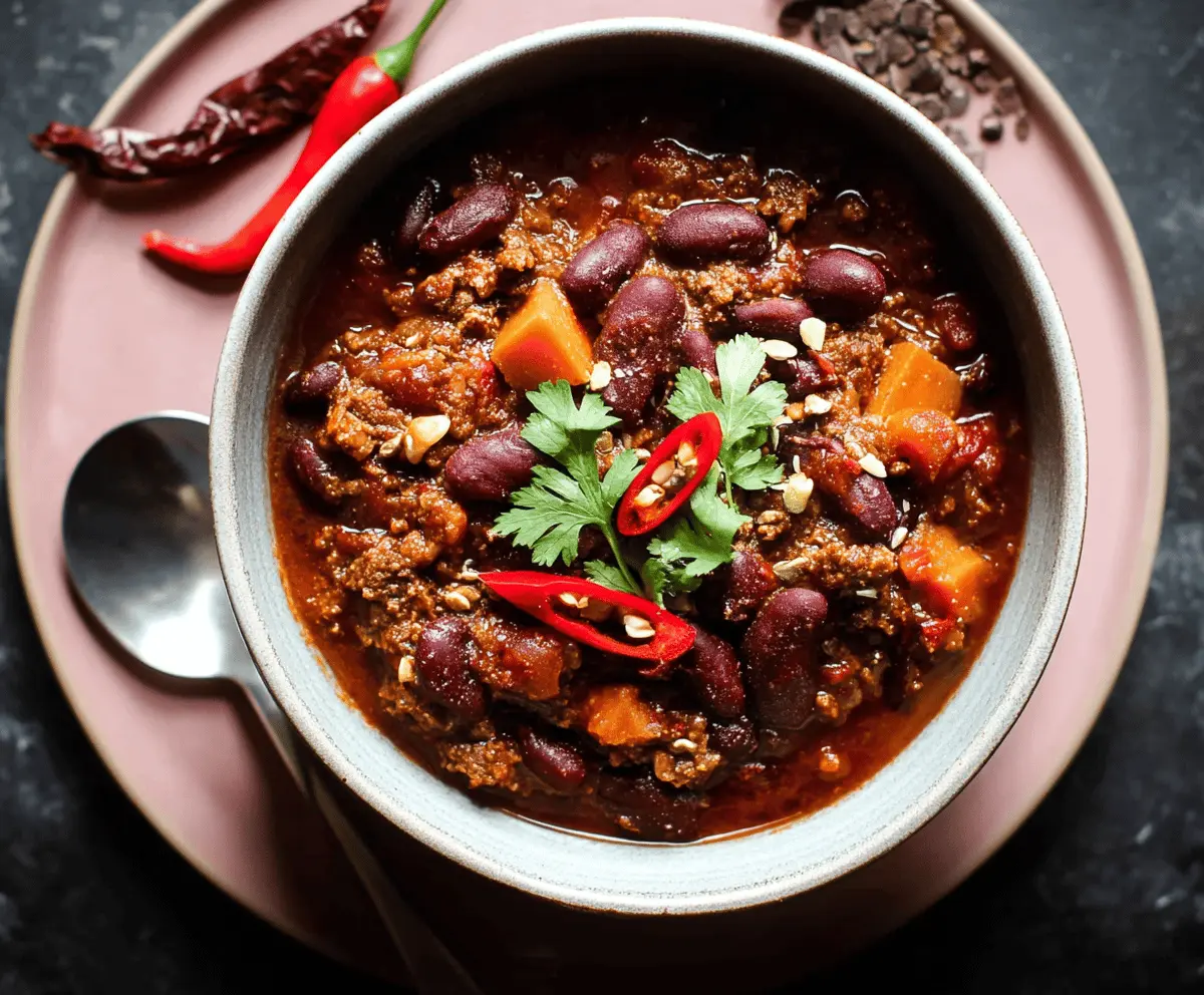 Delicious chocolate chili in a bowl topped with shredded cheese and fresh herbs, ready to serve