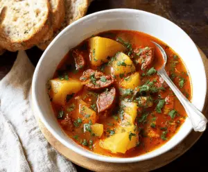Hearty chorizo and potato soup in a bowl, garnished with fresh herbs and served with crusty bread