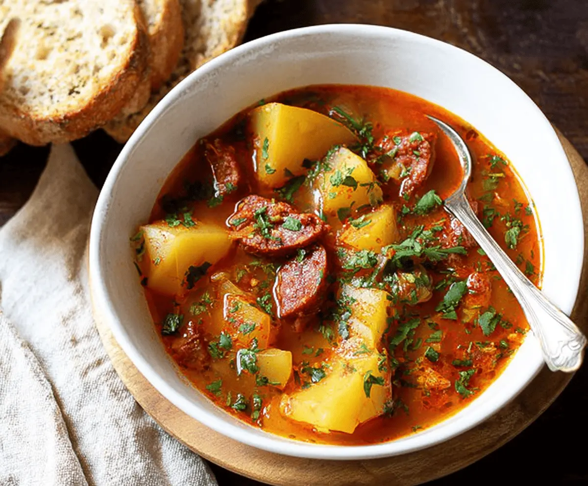 Hearty chorizo and potato soup in a bowl, garnished with fresh herbs and served with crusty bread