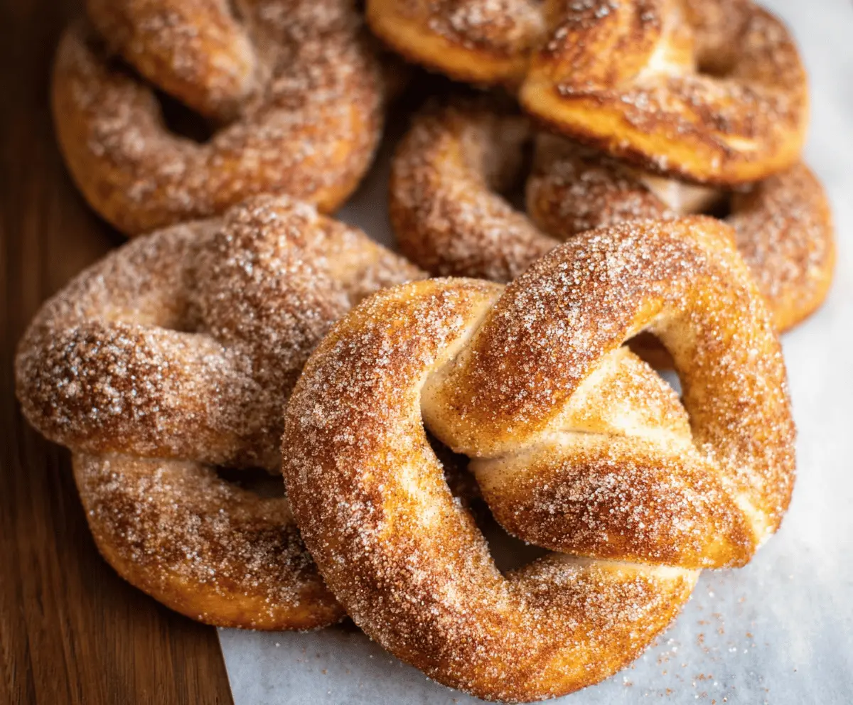 Golden-brown cinnamon sugar soft pretzels served with a sprinkle of cinnamon sugar topping on a rustic wooden platter.