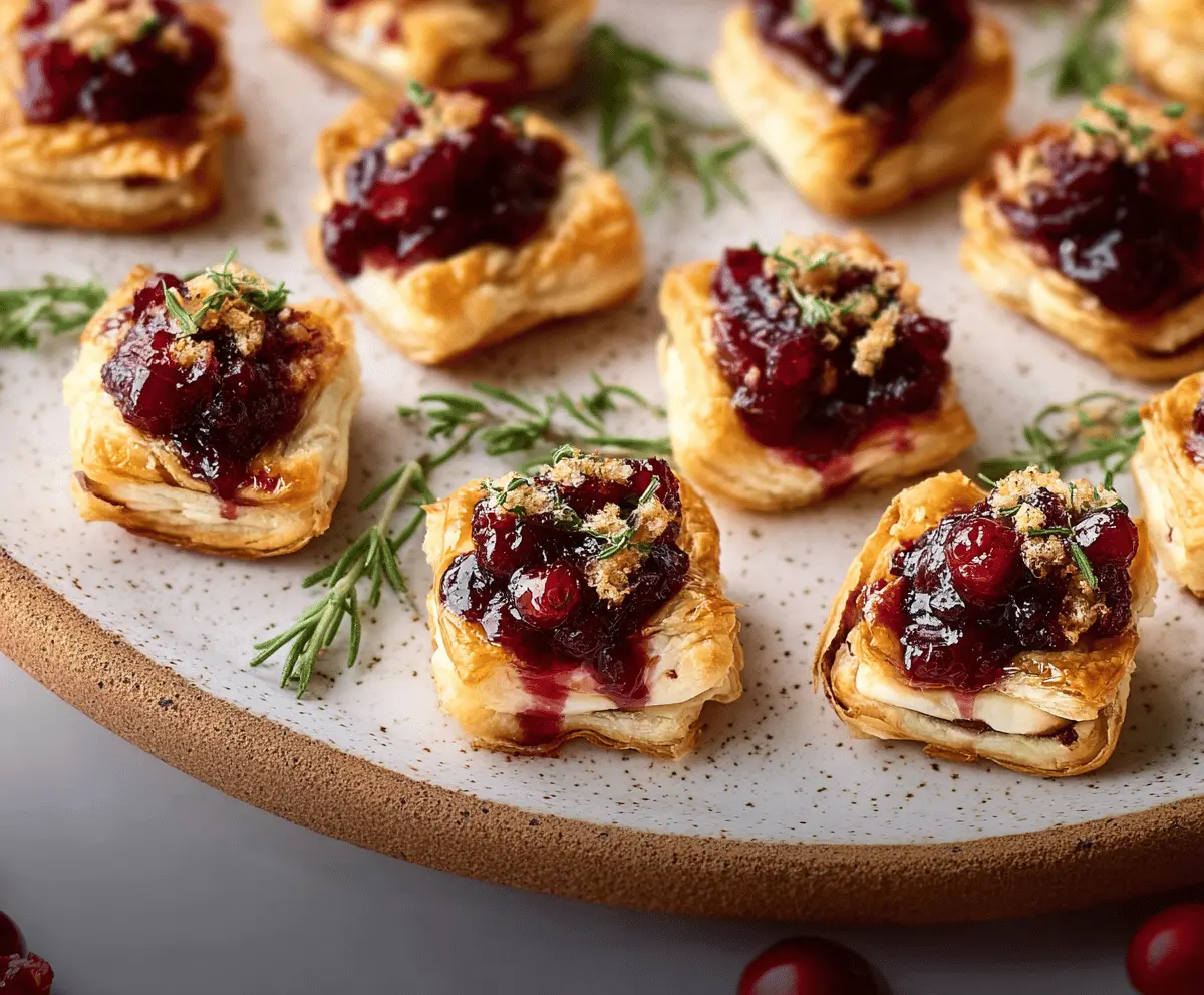 Cranberry Brie Bites appetizer with flaky pastry, creamy Brie cheese, and fresh cranberry topping on a serving platter