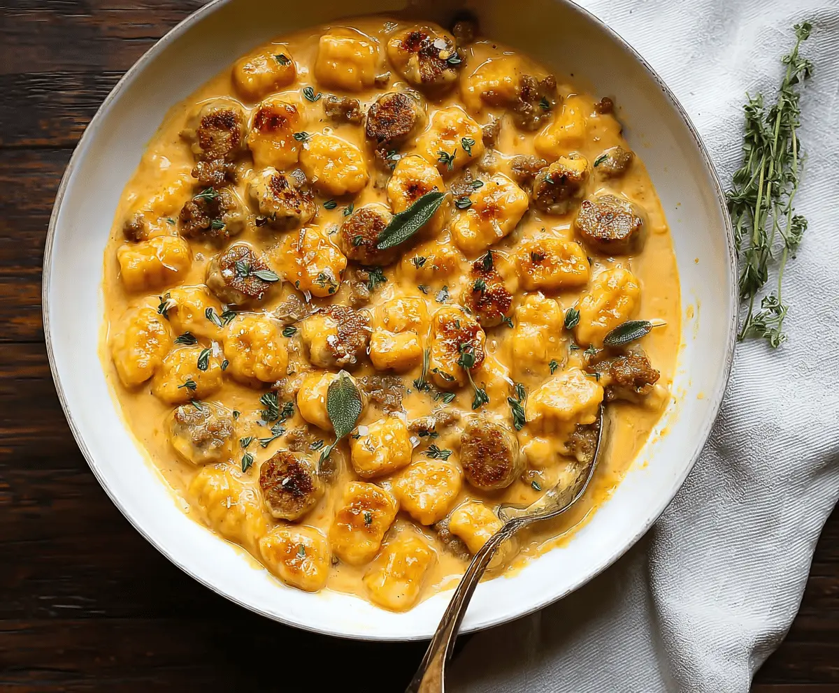 Creamy butternut squash gnocchi with sausage dish featuring golden gnocchi, sautéed sausage slices, and fresh herbs on a white plate, perfect for a comforting fall meal