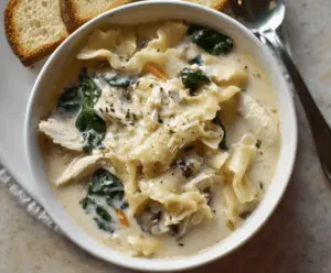 Creamy Chicken Lasagna Soup in a bowl with melted cheese, seasoned chicken, pasta, and fresh herbs garnished on top