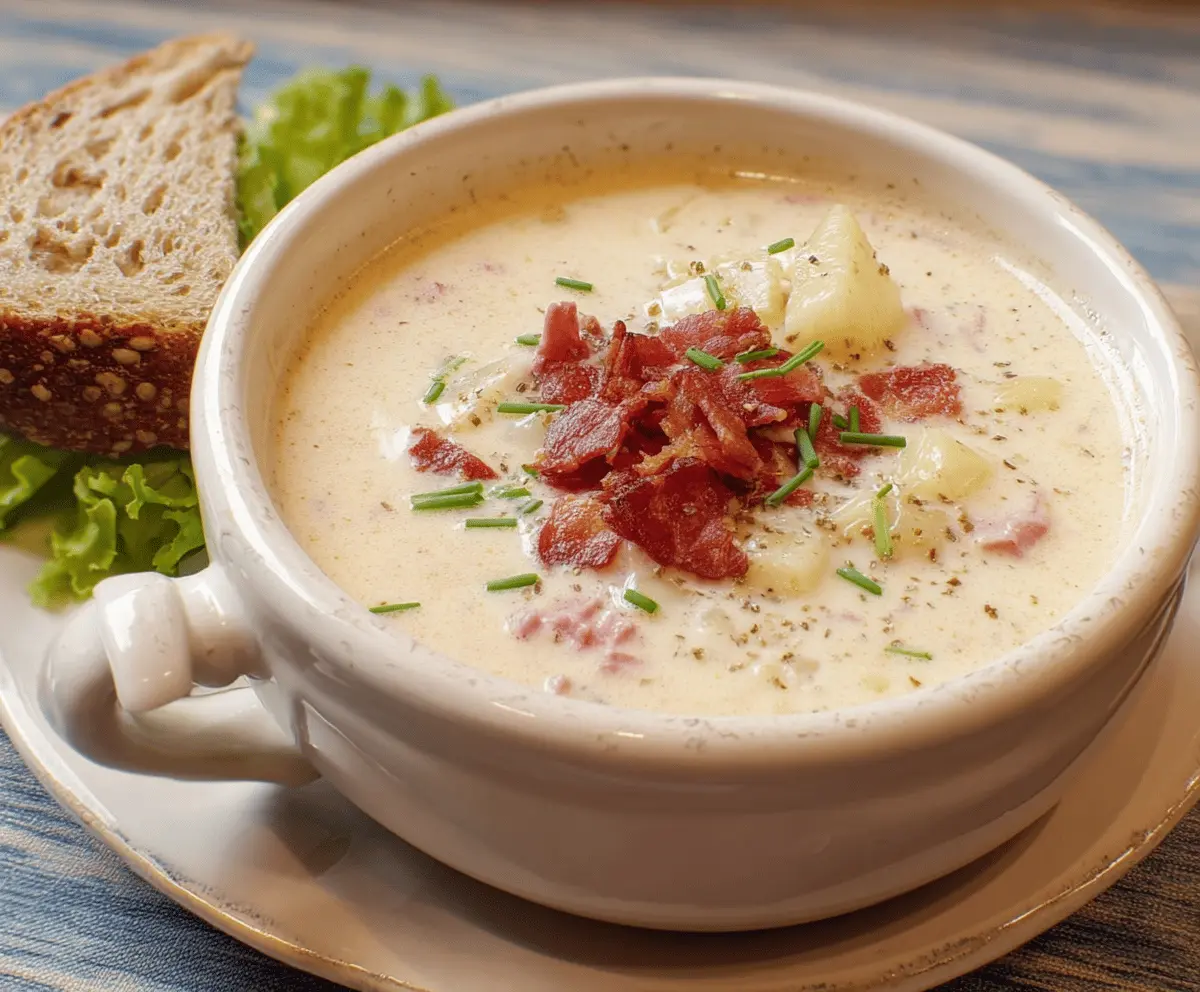 A bowl of creamy Reuben soup garnished with fresh parsley, featuring corned beef, sauerkraut, Swiss cheese, and rye bread croutons, served hot.