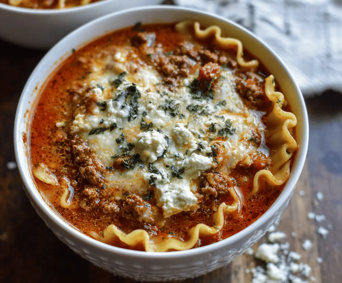 Creamy Crockpot Cheesy Ricotta Lasagna Soup in a bowl with melted cheese, fresh herbs, and pasta, perfect for a comforting Italian-inspired meal