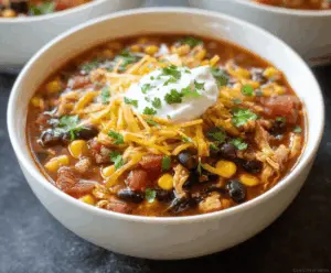 Creamy Crockpot Chicken Taco Soup with shredded chicken, beans, corn, and spices served in a bowl