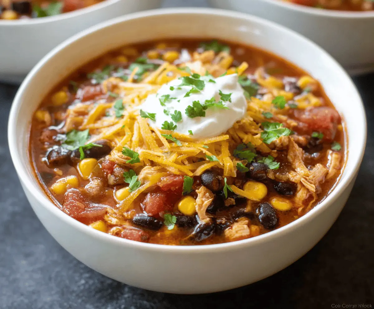 Creamy Crockpot Chicken Taco Soup with shredded chicken, beans, corn, and spices served in a bowl