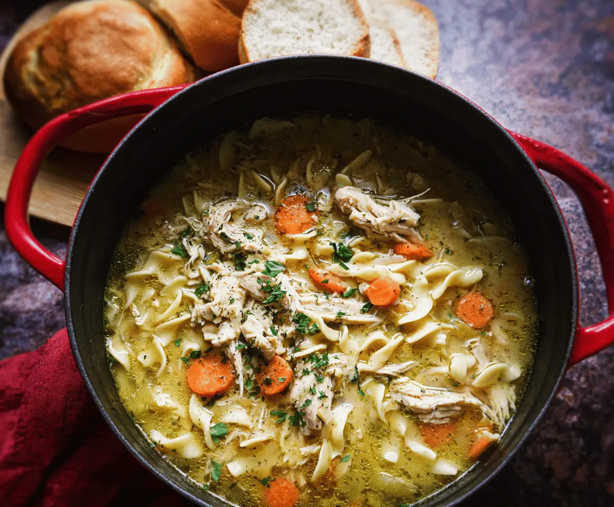 Hearty Dutch Oven Chicken Noodle Soup in a rustic pot with tender chicken, vegetables, and noodles, perfect for comforting meals