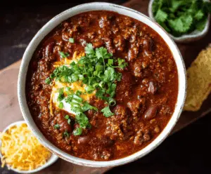Hearty homemade Dutch Oven Chili in a rustic pot with beans, beef, and spices ready to serve.