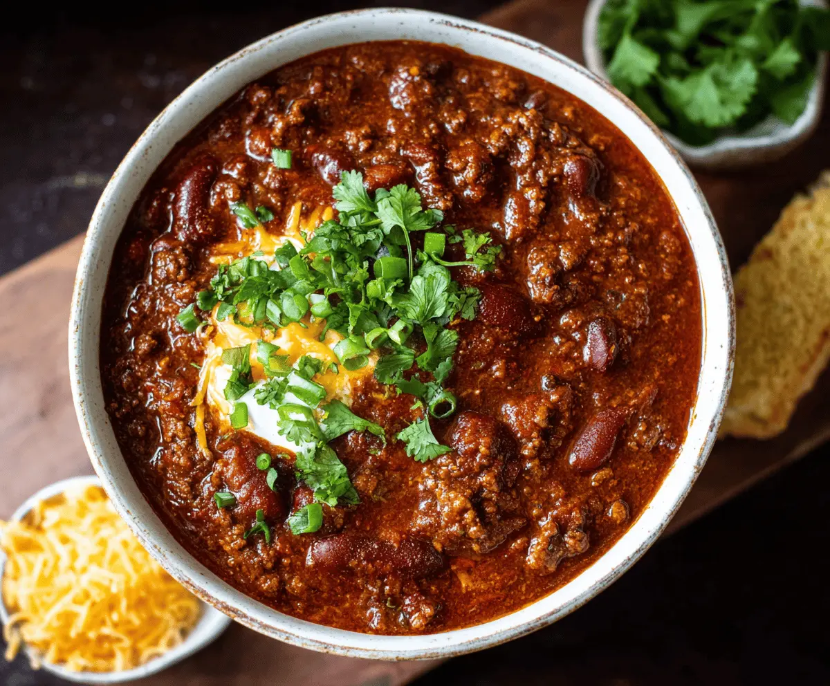 Hearty homemade Dutch Oven Chili in a rustic pot with beans, beef, and spices ready to serve.