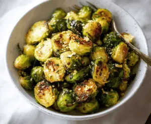 Golden roasted Brussels sprouts tossed in garlic butter, garnished with fresh herbs, perfect for a savory side dish.