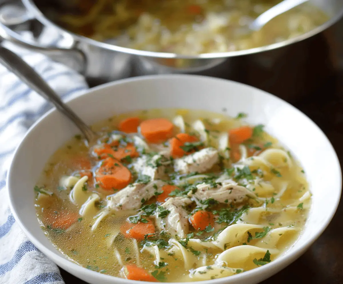 A steaming bowl of gluten-free chicken noodle soup with tender chicken, colorful vegetables, and gluten-free noodles in a clear broth, served in a white bowl on a rustic wooden table.